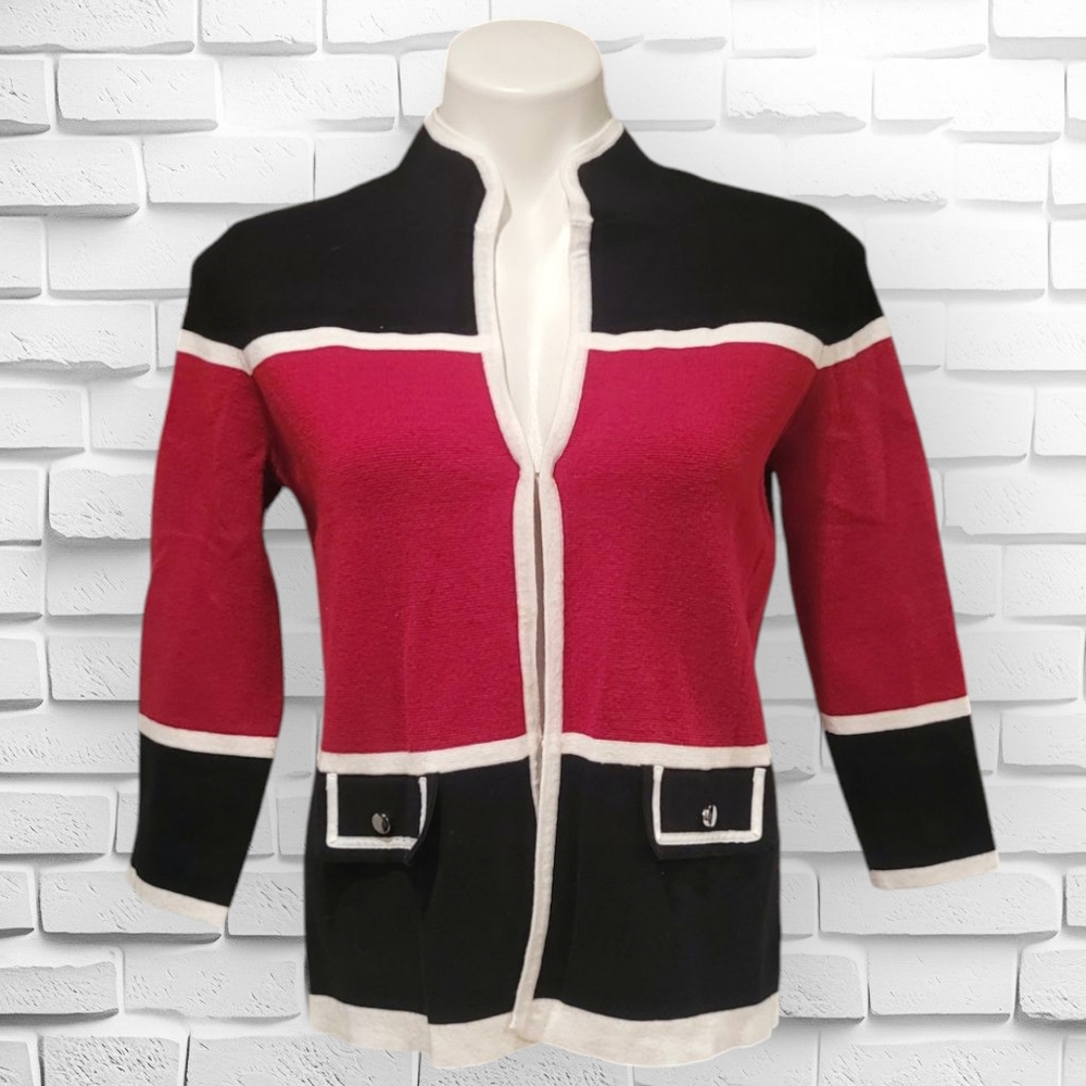 Kasper Women's Small Red Black White Colorblock Cardigan Sweater